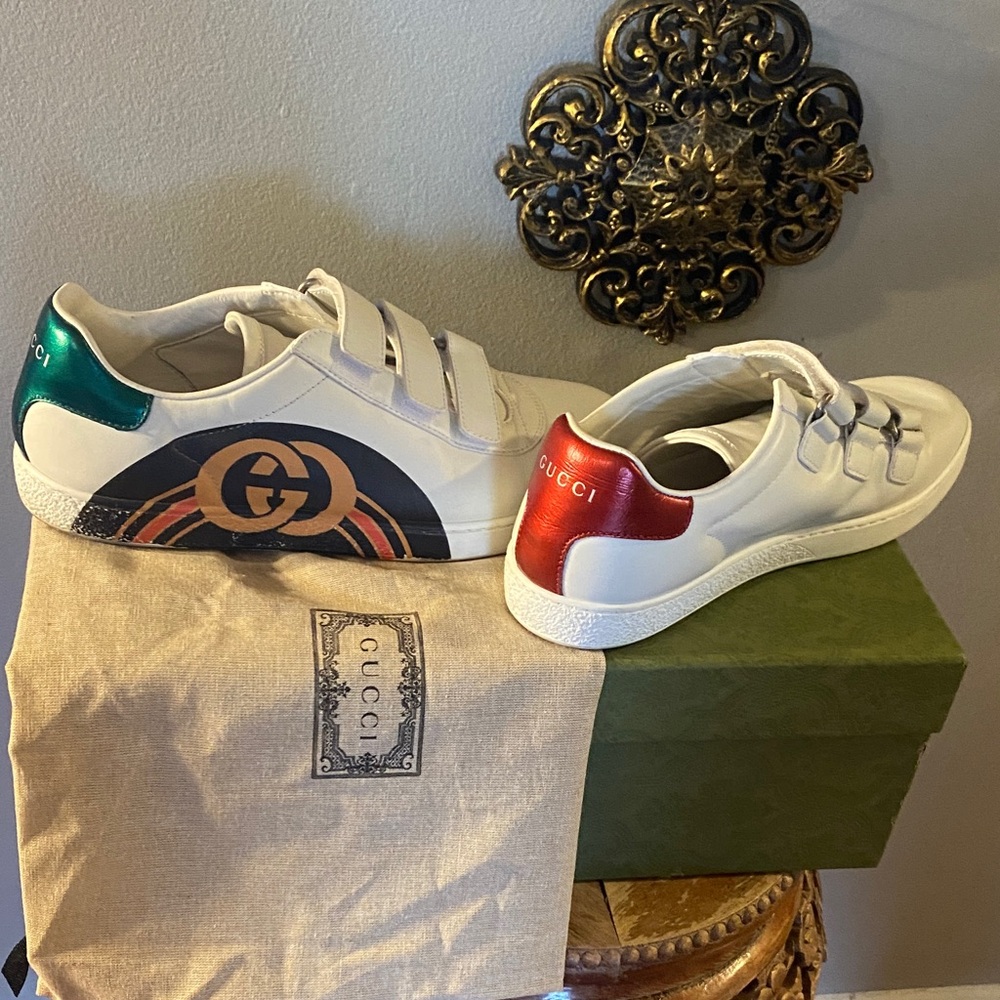 💚🤍❤️Gucci Ace Interlocking GG Leather 3 Strap  Flat Sneakers Shoes White size:10 - Picture 3 of 16